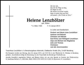 Anzeige von Helene Lenzhölzer von Kölner Stadt-Anzeiger / Kölnische Rundschau / Express