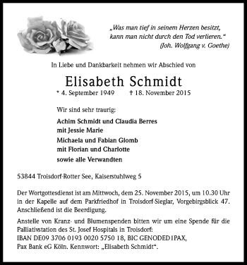 Anzeige von Elisabeth Schmidt von Kölner Stadt-Anzeiger / Kölnische Rundschau / Express