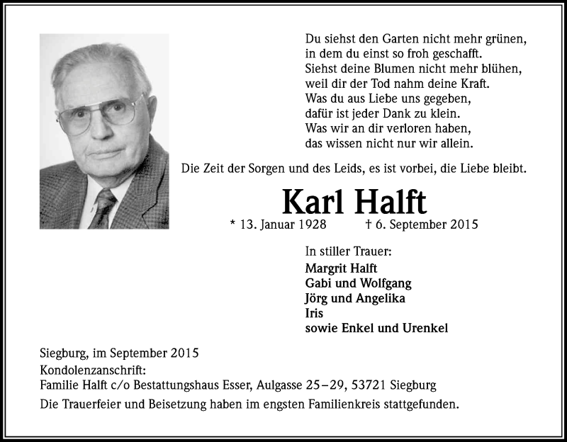  Traueranzeige für Karl Halft vom 16.09.2015 aus Kölner Stadt-Anzeiger / Kölnische Rundschau / Express