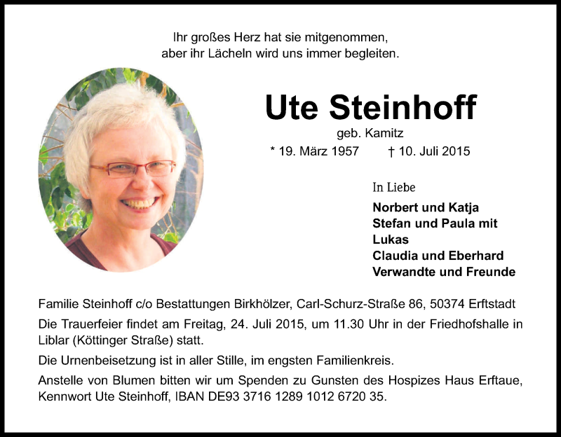  Traueranzeige für Ute Steinhoff vom 18.07.2015 aus Kölner Stadt-Anzeiger / Kölnische Rundschau / Express