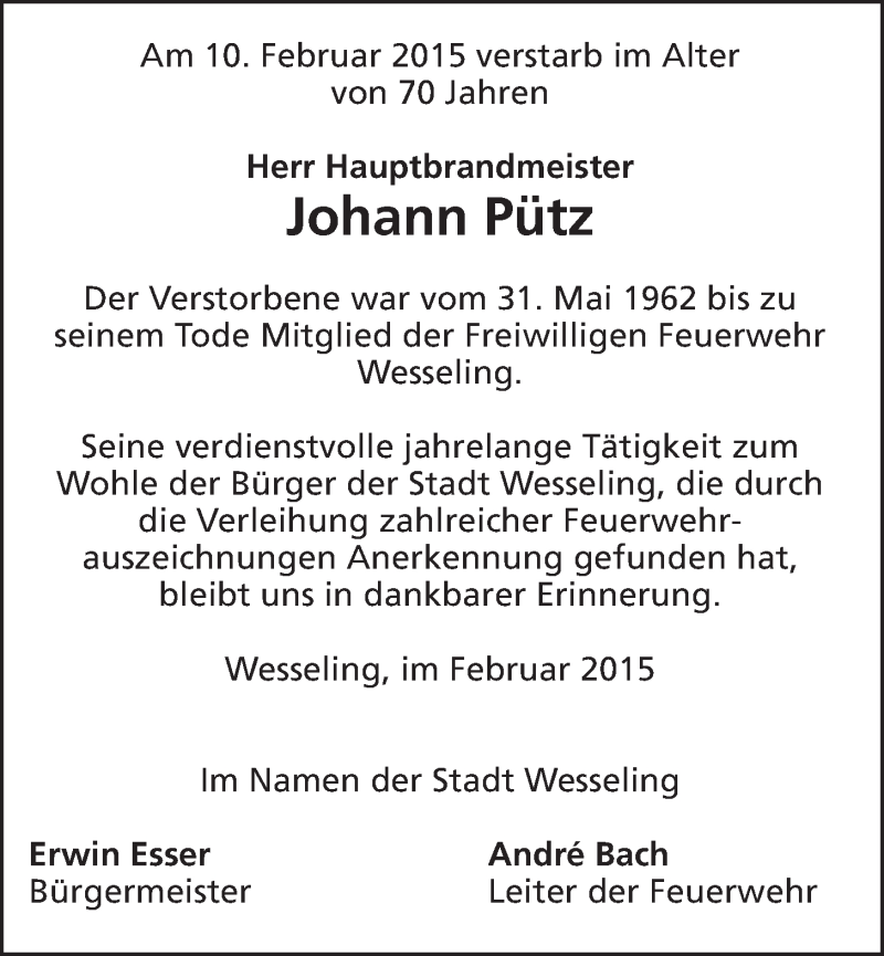 Traueranzeige für Johann Pütz vom 18.02.2015 aus  Schlossbote/Werbekurier 