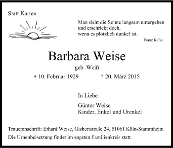 Anzeige von Barbara Weise von Kölner Stadt-Anzeiger / Kölnische Rundschau / Express
