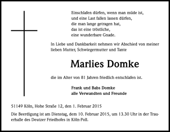 Anzeige von Marlies Domke von Kölner Stadt-Anzeiger / Kölnische Rundschau / Express