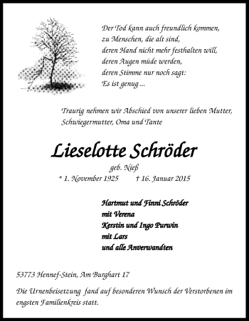 Anzeige von Lieselotte Schröder von Kölner Stadt-Anzeiger / Kölnische Rundschau / Express