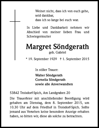 Anzeige von Margret Söndgerath von Kölner Stadt-Anzeiger / Kölnische Rundschau / Express