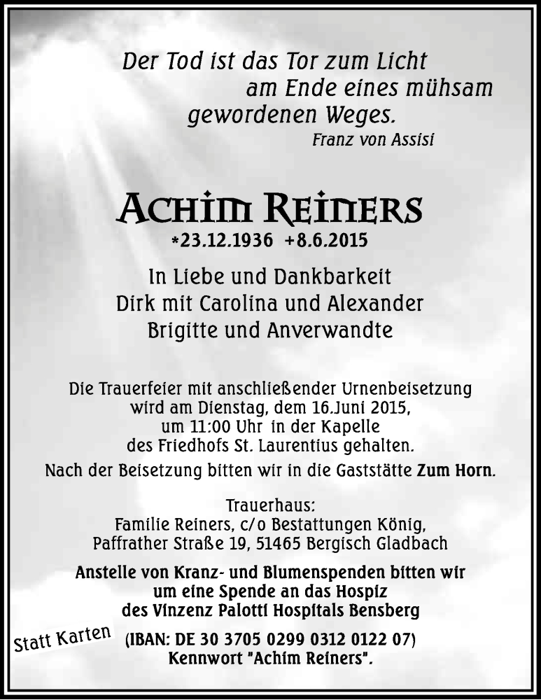  Traueranzeige für Achim Reiners vom 13.06.2015 aus Kölner Stadt-Anzeiger / Kölnische Rundschau / Express