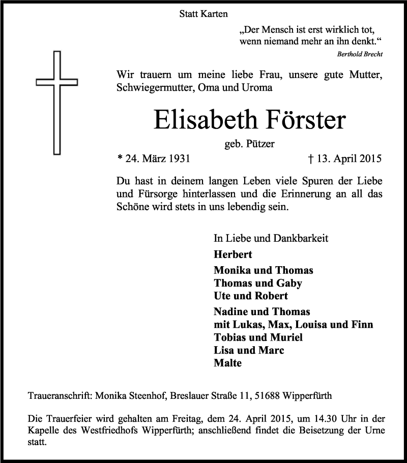  Traueranzeige für Elisabeth Förster vom 18.04.2015 aus Kölner Stadt-Anzeiger / Kölnische Rundschau / Express