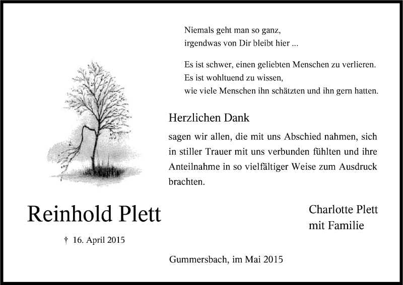  Traueranzeige für Reinhold Plett vom 30.05.2015 aus Kölner Stadt-Anzeiger / Kölnische Rundschau / Express