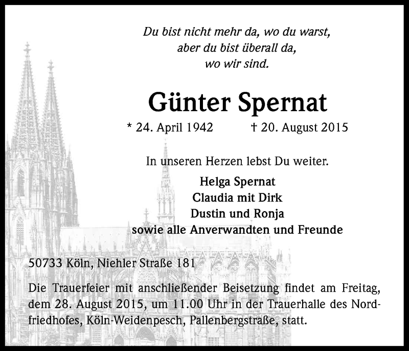  Traueranzeige für Günter Spernat vom 22.08.2015 aus Kölner Stadt-Anzeiger / Kölnische Rundschau / Express