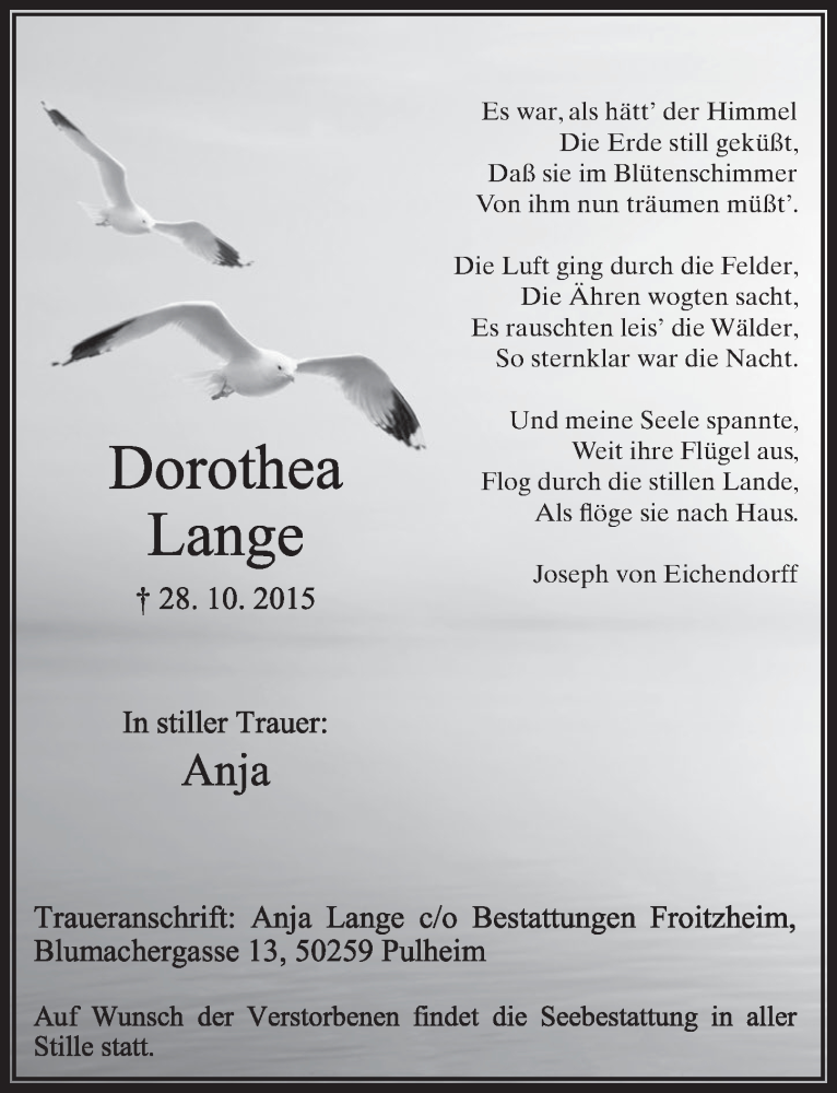  Traueranzeige für Dorothea Lange vom 07.11.2015 aus  Sonntags-Post 