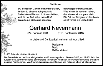 Anzeige von Gerhard Nevermann von Kölner Stadt-Anzeiger / Kölnische Rundschau / Express