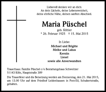 Anzeige von Maria Püschel von Kölner Stadt-Anzeiger / Kölnische Rundschau / Express