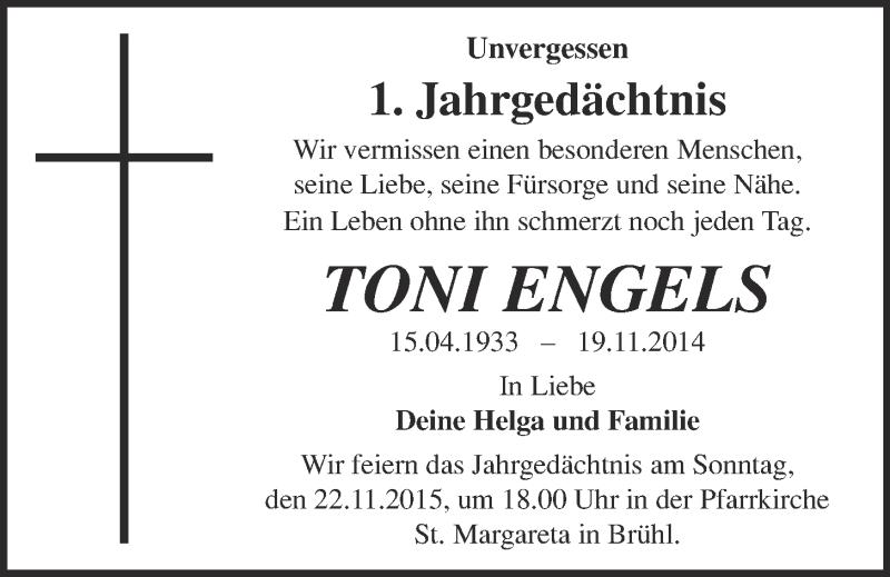  Traueranzeige für Toni Engels vom 18.11.2015 aus  Schlossbote/Werbekurier 