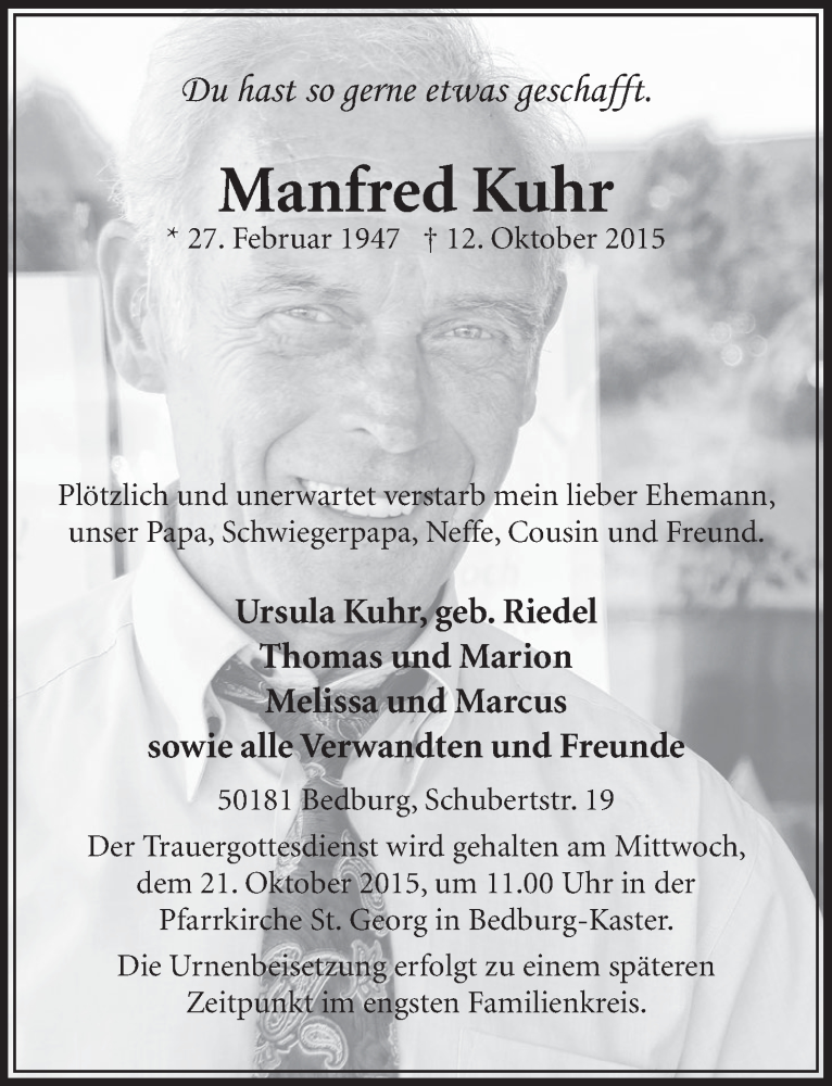  Traueranzeige für Manfred Kuhr vom 17.10.2015 aus  Sonntags-Post 