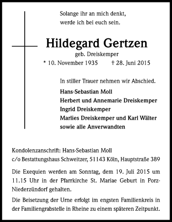 Anzeige von Hildegard Gertzen von Kölner Stadt-Anzeiger / Kölnische Rundschau / Express