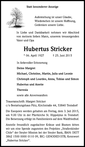Anzeige von Hubertus Stricker von Kölner Stadt-Anzeiger / Kölnische Rundschau / Express