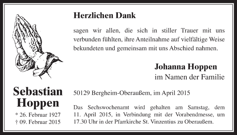  Traueranzeige für Sebastian Hoppen vom 08.04.2015 aus  Werbepost 