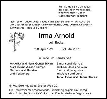 Anzeige von Irma Arnold von Kölner Stadt-Anzeiger / Kölnische Rundschau / Express
