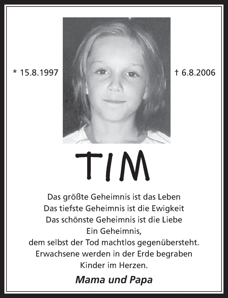  Traueranzeige für Tim  vom 05.08.2015 aus  Werbepost 