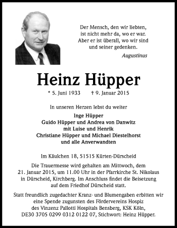 Anzeige von Heinz Hüpper von Kölner Stadt-Anzeiger / Kölnische Rundschau / Express