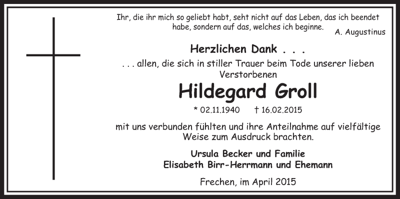  Traueranzeige für Hildegard Groll vom 11.04.2015 aus  Sonntags-Post 