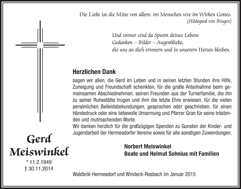  Traueranzeige für Gerd Meiswinkel vom 28.01.2015 aus  Lokalanzeiger 
