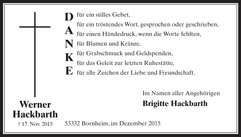  Traueranzeige für Werner Hackbarth vom 16.12.2015 aus  Schaufenster/Blickpunkt 