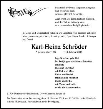 Anzeige von Karl-Heinz Schröder von Kölner Stadt-Anzeiger / Kölnische Rundschau / Express