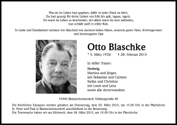 Anzeige von Otto Blaschke von Kölner Stadt-Anzeiger / Kölnische Rundschau / Express