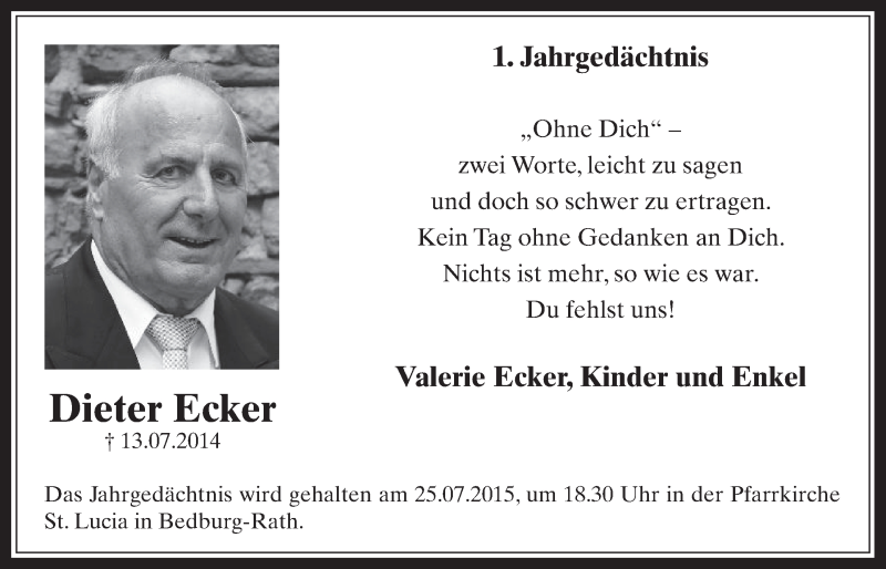  Traueranzeige für Dieter Ecker vom 15.07.2015 aus  Werbepost 