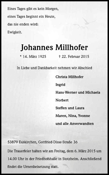 Anzeige von Johannes Millhofer von Kölner Stadt-Anzeiger / Kölnische Rundschau / Express