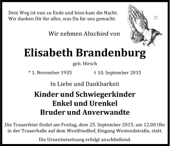 Anzeige von Elisabeth Brandenburg von Kölner Stadt-Anzeiger / Kölnische Rundschau / Express