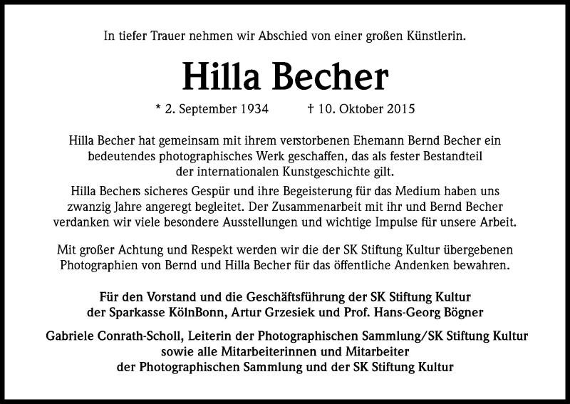  Traueranzeige für Hilla Becher vom 17.10.2015 aus Kölner Stadt-Anzeiger / Kölnische Rundschau / Express