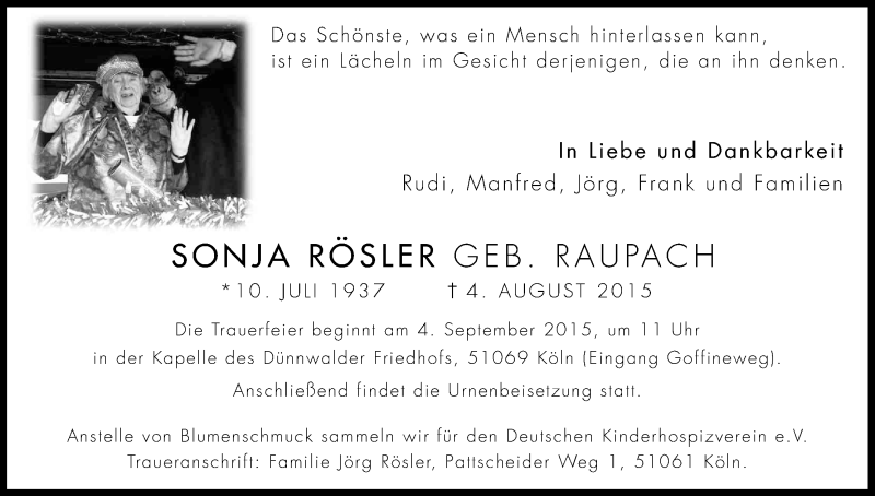  Traueranzeige für Sonja Rösler vom 22.08.2015 aus Kölner Stadt-Anzeiger / Kölnische Rundschau / Express