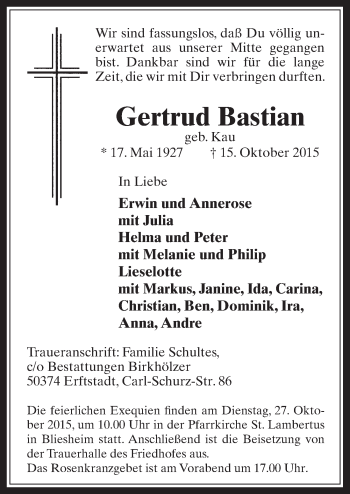 Anzeige von Gertrud bastian von  Sonntags-Post 