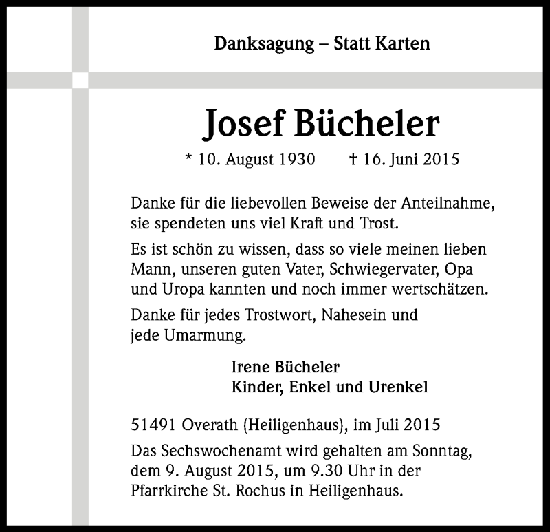  Traueranzeige für Josef Bücheler vom 25.07.2015 aus Kölner Stadt-Anzeiger / Kölnische Rundschau / Express