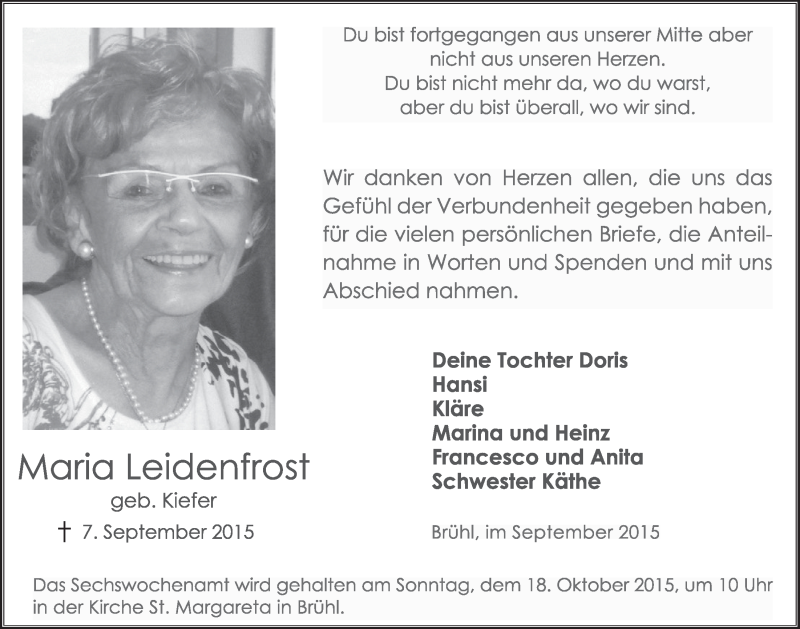  Traueranzeige für Maria Leidenfrost vom 30.09.2015 aus  Schlossbote/Werbekurier 