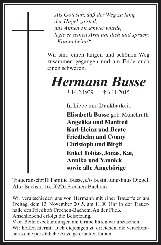  Traueranzeige für Hermann Busse vom 11.11.2015 aus  Wochenende 