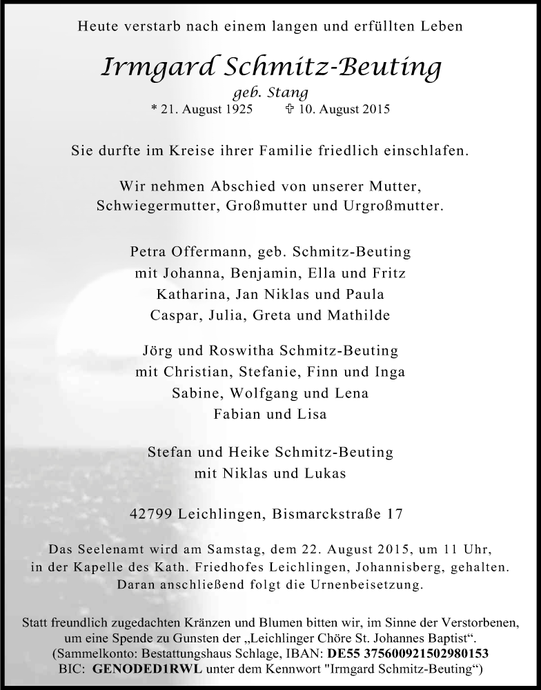  Traueranzeige für Irmgard Schmitz-Beuting vom 15.08.2015 aus Kölner Stadt-Anzeiger / Kölnische Rundschau / Express
