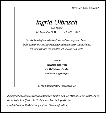Anzeige von Ingrid Olbrisch von Kölner Stadt-Anzeiger / Kölnische Rundschau / Express