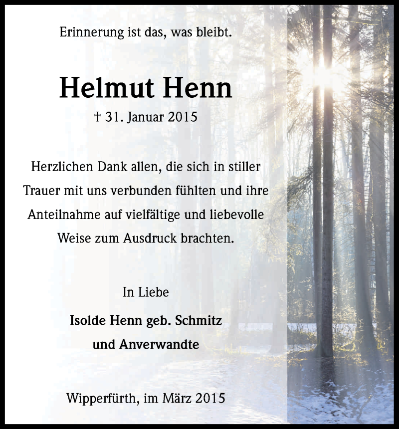  Traueranzeige für Helmut Henn vom 07.03.2015 aus Kölner Stadt-Anzeiger / Kölnische Rundschau / Express