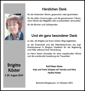 Anzeige von Brigitte Köster von Kölner Stadt-Anzeiger / Kölnische Rundschau / Express
