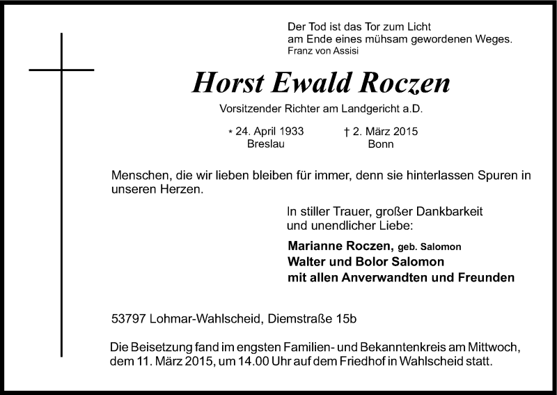  Traueranzeige für Horst Ewald Roczen vom 14.03.2015 aus Kölner Stadt-Anzeiger / Kölnische Rundschau / Express