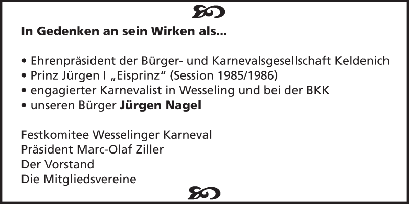  Traueranzeige für Jürgen Nagel vom 25.03.2015 aus  Schlossbote/Werbekurier 