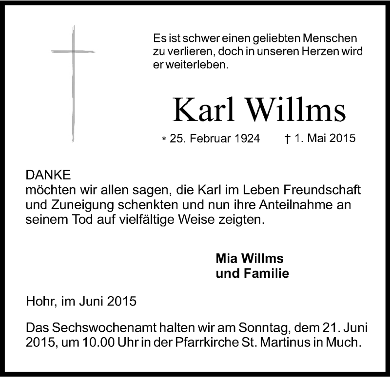  Traueranzeige für Karl Willms vom 12.06.2015 aus Kölner Stadt-Anzeiger / Kölnische Rundschau / Express