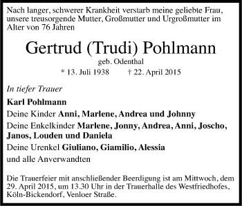 Anzeige von Gertrud Pohlmann von Kölner Stadt-Anzeiger / Kölnische Rundschau / Express