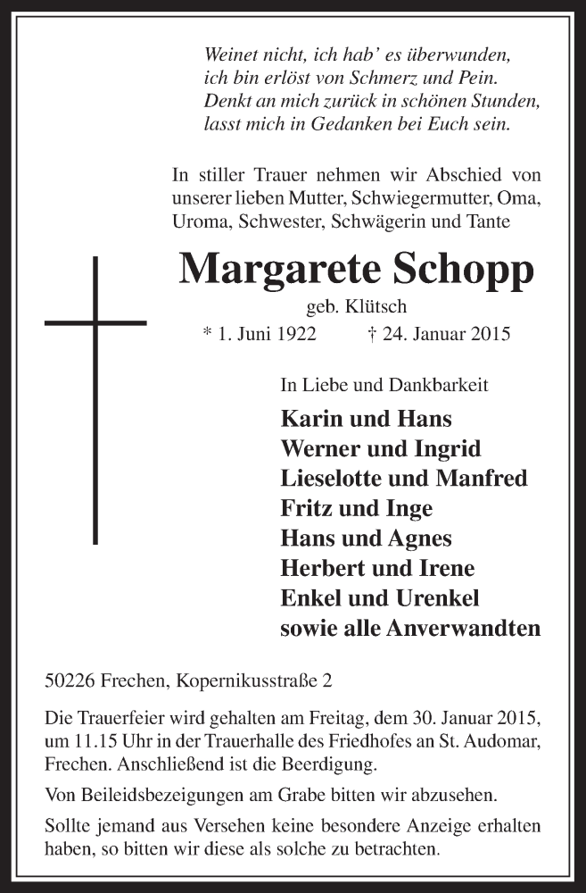  Traueranzeige für Margarete Schopp vom 28.01.2015 aus  Wochenende 