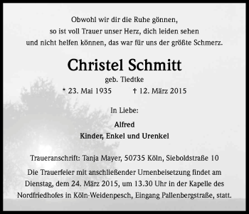 Anzeige von Christel Schmitt von Kölner Stadt-Anzeiger / Kölnische Rundschau / Express