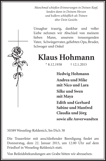 Anzeige von Klaus Hohmann von  Schlossbote/Werbekurier 