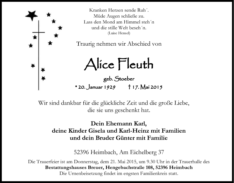  Traueranzeige für Alice Fleuth vom 19.05.2015 aus Kölner Stadt-Anzeiger / Kölnische Rundschau / Express